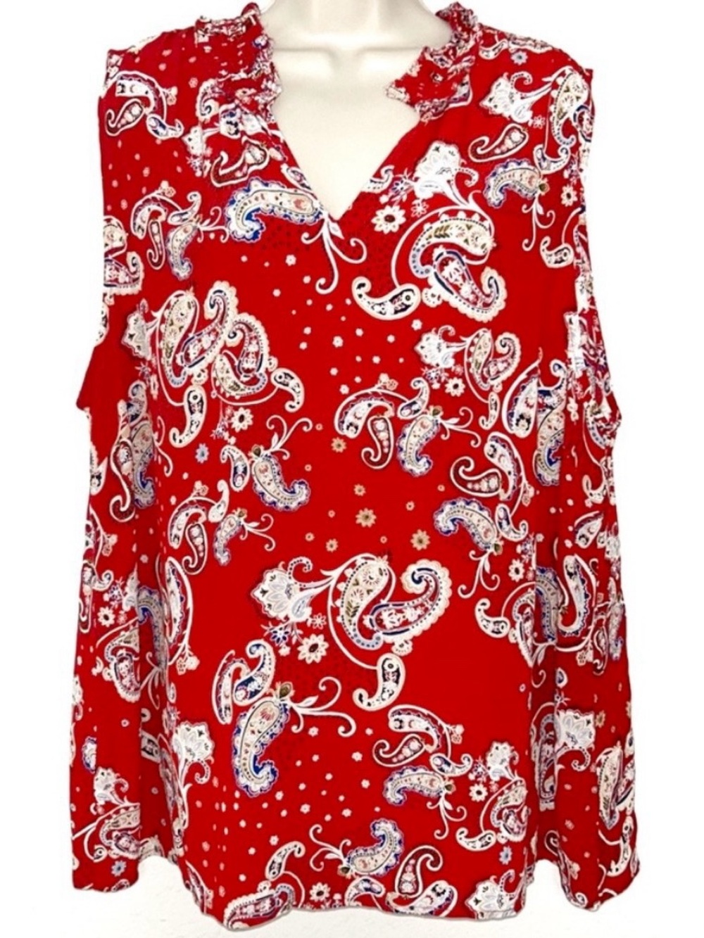 Red Paisley Sleeveless V-Neck Women's Top